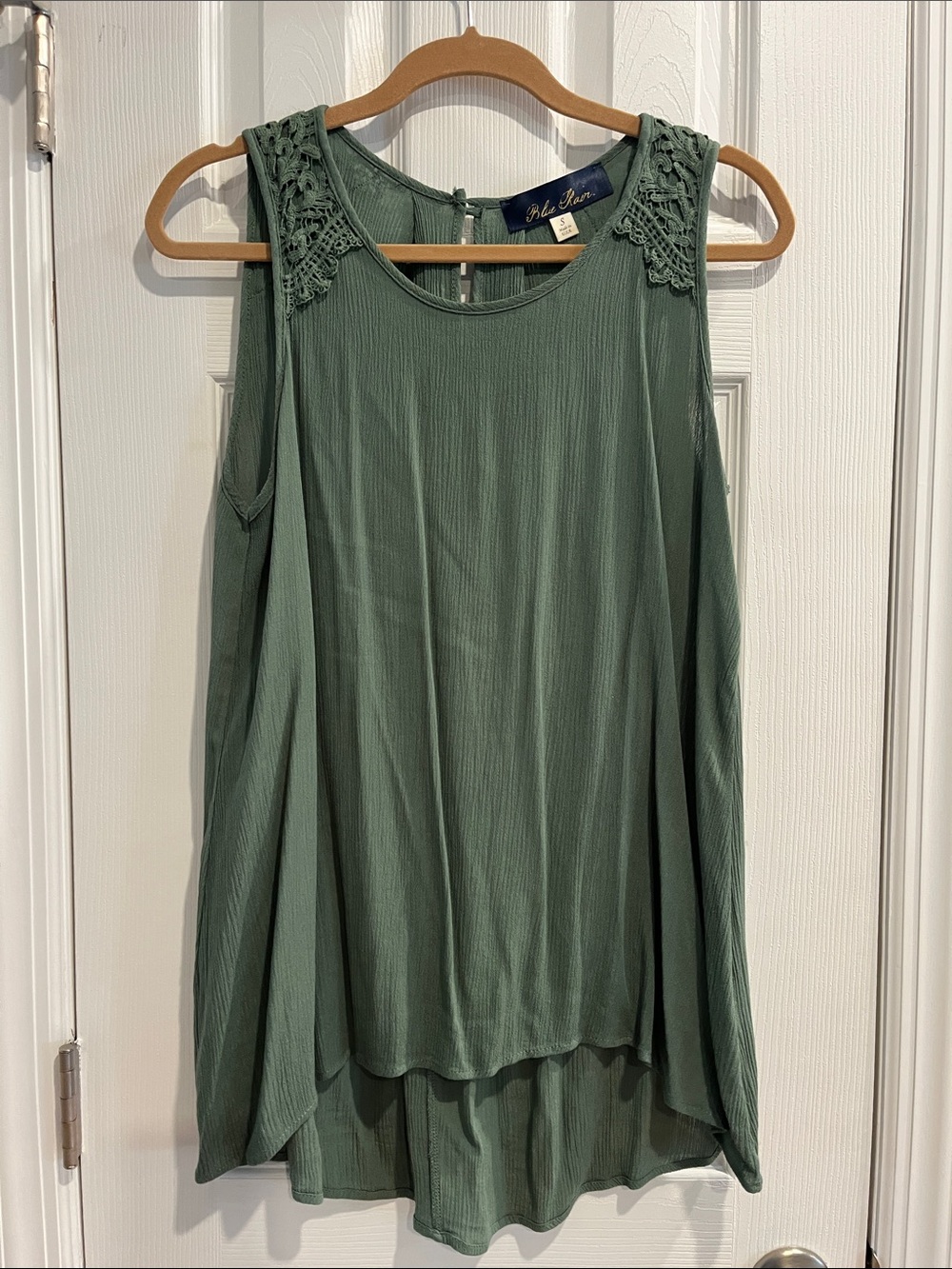 Blue Rain Crochet Shoulder Ruffle-Hem Tank in Sage Green